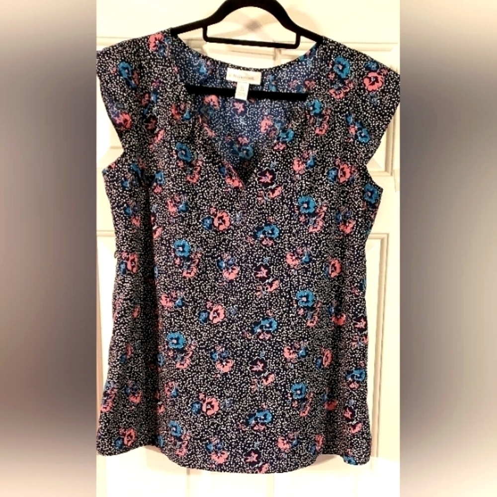 Motherhood Maternity Navy Floral Cap Sleeve Top Blouse Size L.